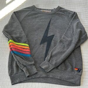 Aviator Nation Gray Crewneck with Lightning Bolt and Rainbow Stripe, size small